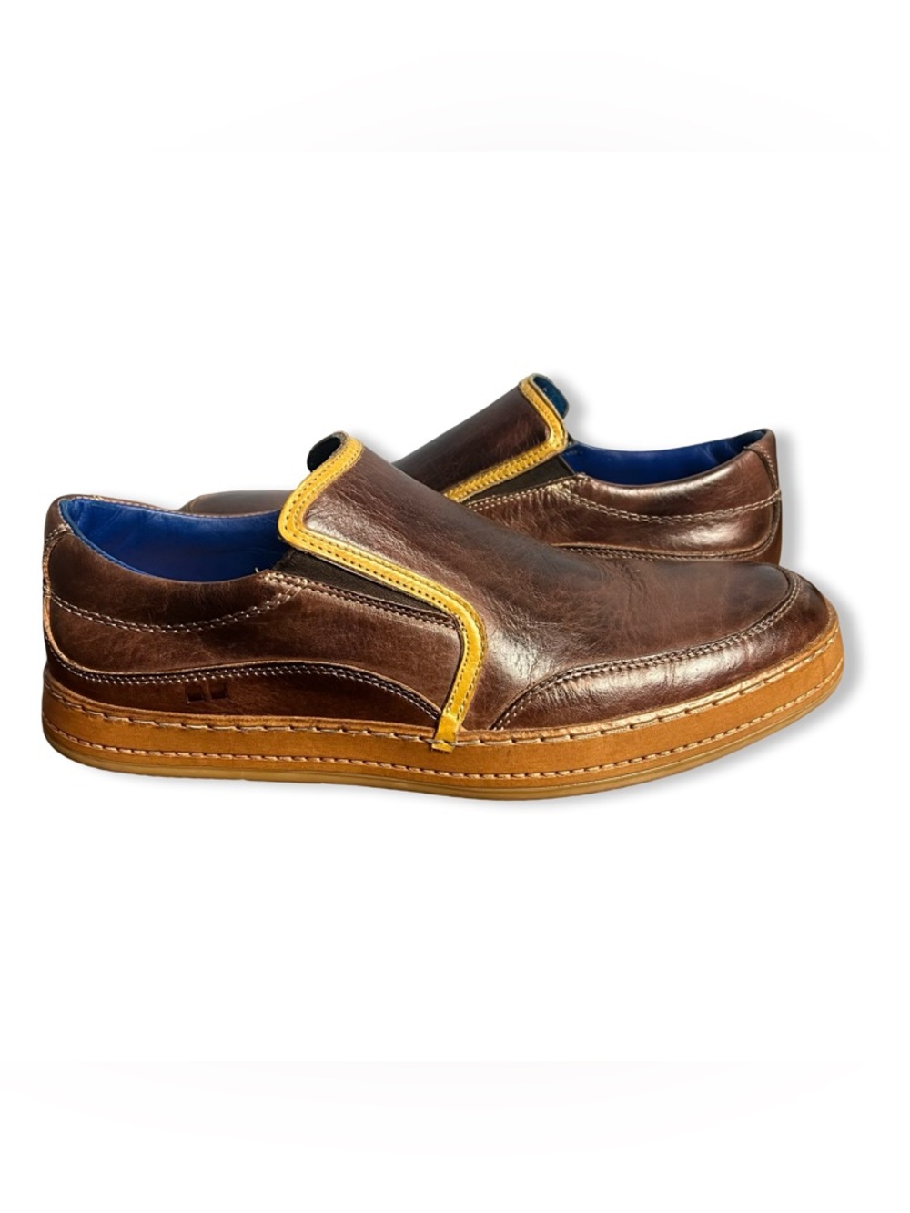 Bed Stu Workshop Freestyle Leather Slip-On‎ Loafer Brown Yellow Blue Sz 9